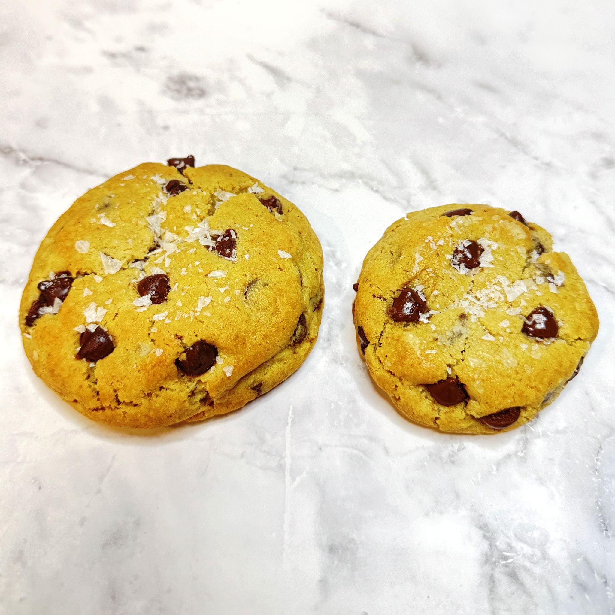 Golden Crumb Cookies: petit (3oz) next to regular (5.3oz) for size comparison on a marble countertop.