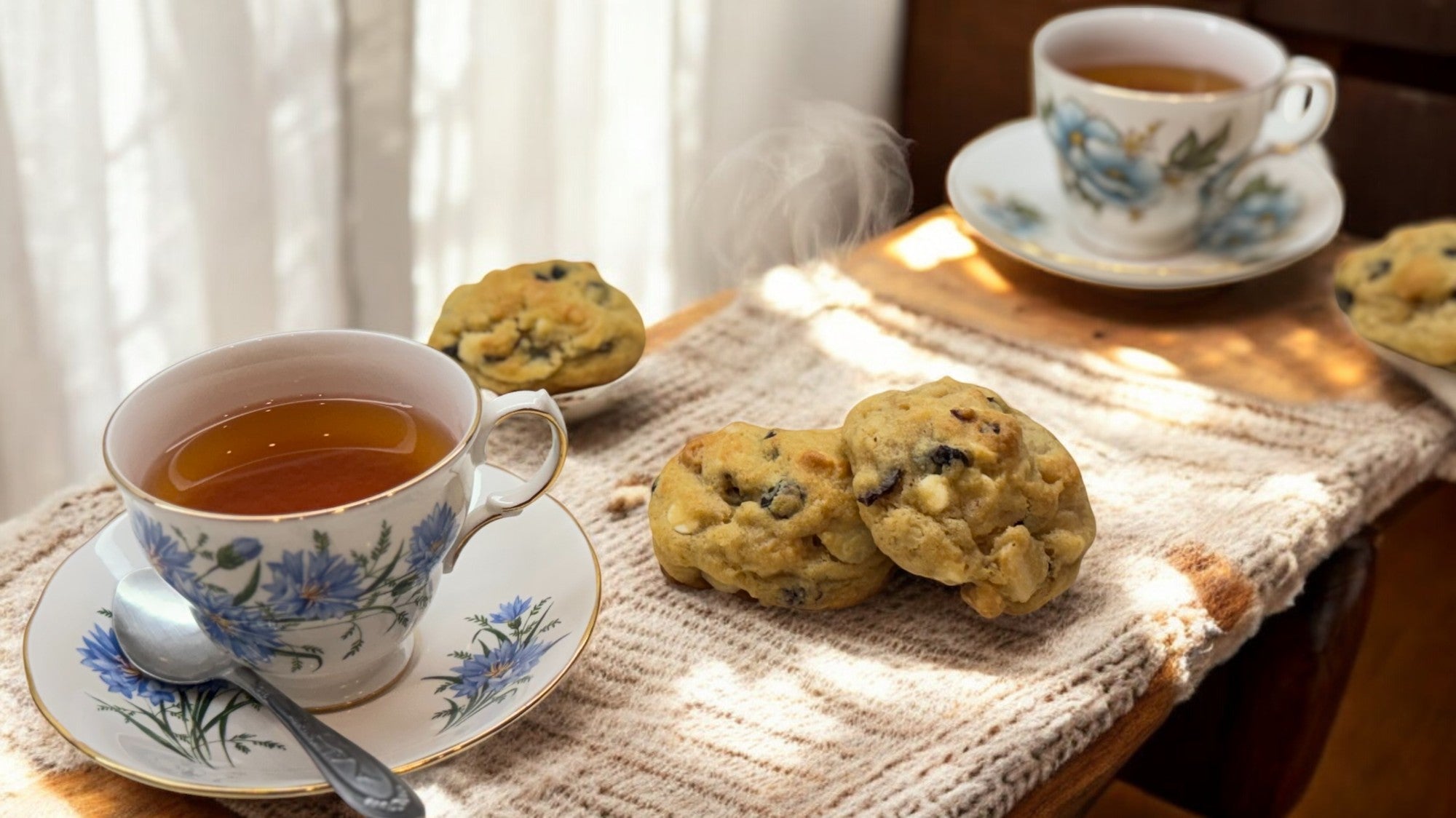 Two cups of tea with cookies on a wooden table.