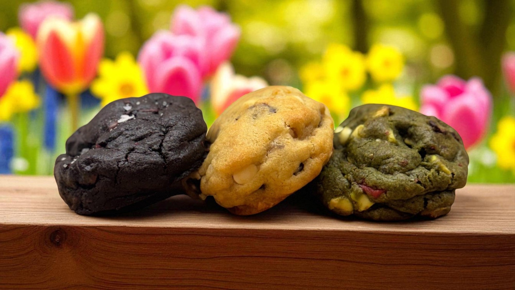 Three gourmet cookies on a wooden table with flowers in the background.