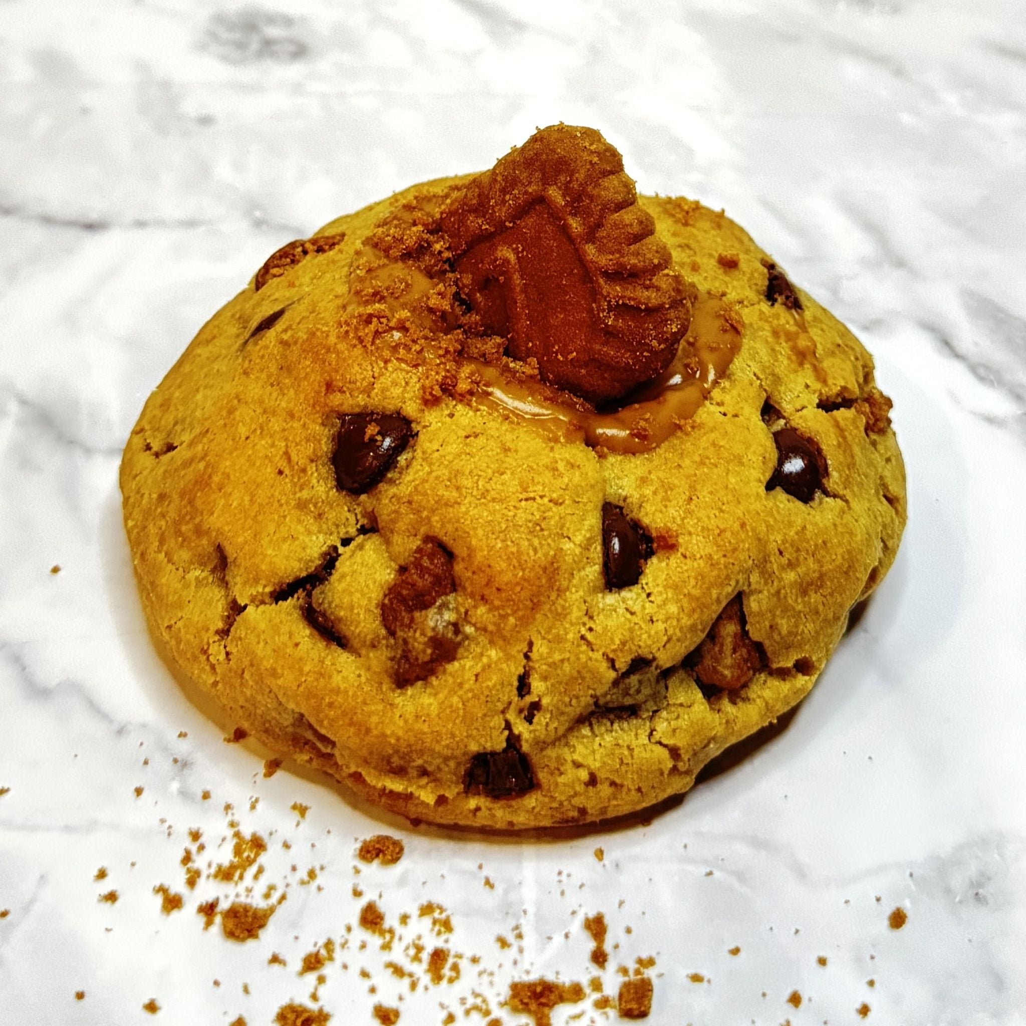 Front view of a Amber Dusk cookie with semi-sweet chocolate chips and finished with melty cookie butter center  topped with a crisp half Biscoff cookie.